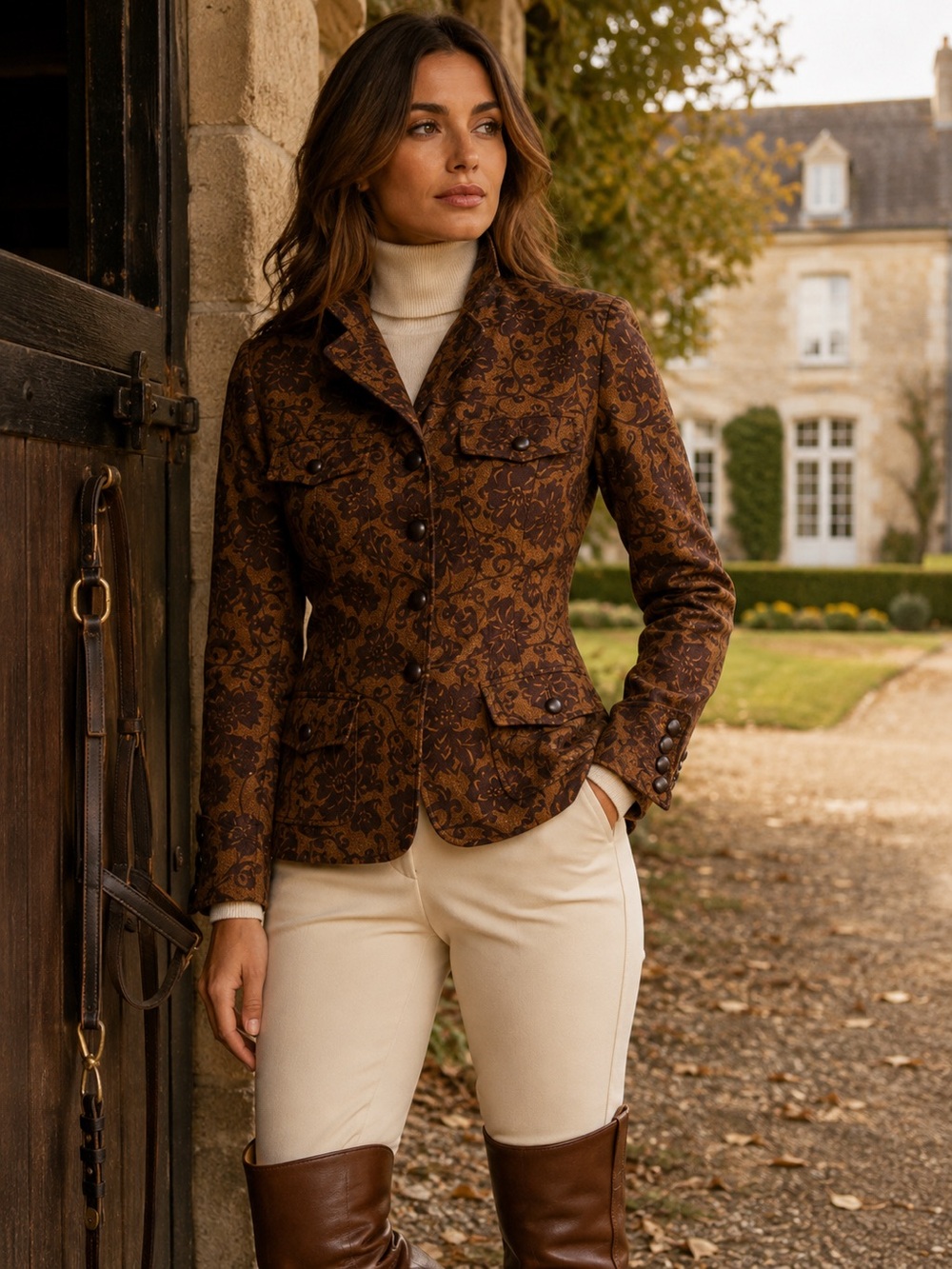 Peruvian Connection Pima Cotton Floral Equestrian Jacket Blazer Brown Size 10